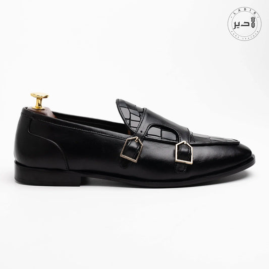 Side angle of CROC BLACK formal leather shoes for men, showcasing sleek design and luxurious craftsmanship.