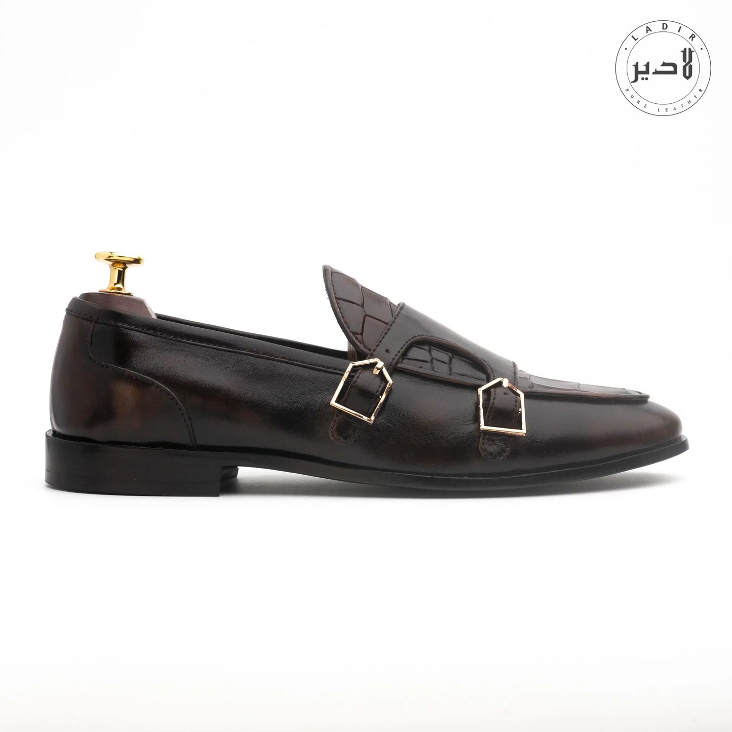 Side angle of CROC BROWN formal leather shoes for men, highlighting the sleek design and elegant detailing.